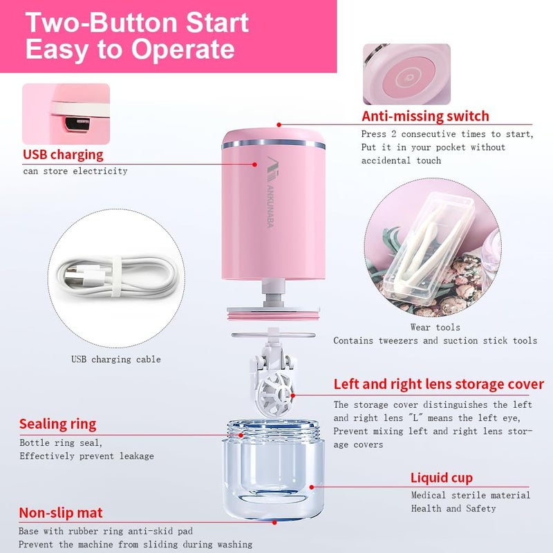ANKUNABA Contact Lens Cleaner, Portable Soft Contact Lens Cleaning Machine with USB Charger, Automatic Vibration Contact Lenses Cleaner Case for Traveling (Pink) - Image 4